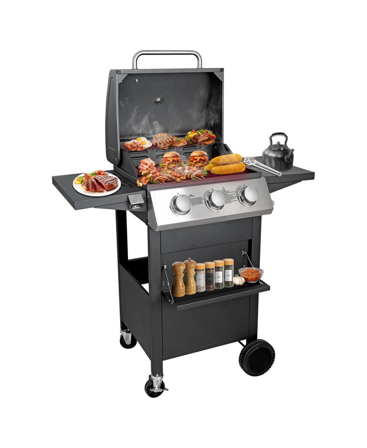 3-Burner Free Standing Stailless Liquid Propane 30000 Btu Gas Grill with Cabinet - Black