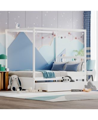 Full Size Canopy Bed with Trundle Wooden Platform Bed Frame Headboard