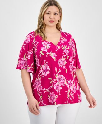 Plus Size Printed  Flared-Sleeve V-Neck Top