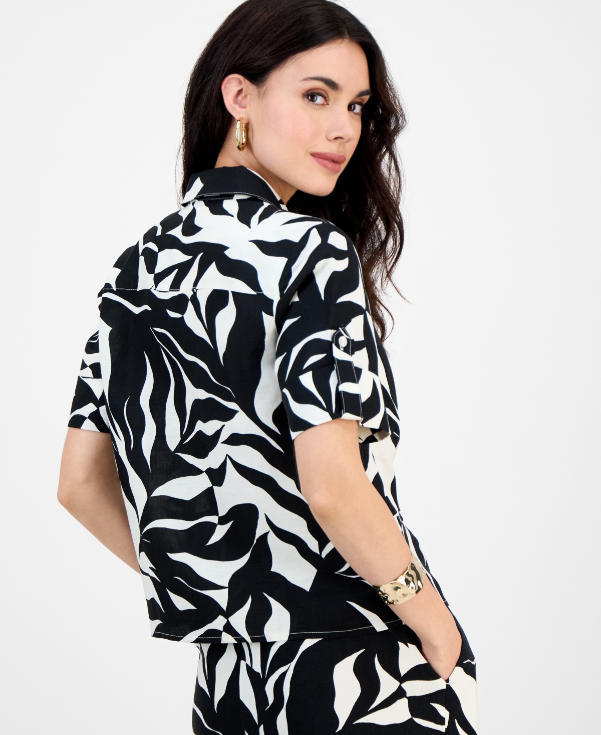 Inc International Concepts Petite Printed Linen-blend Twist-front Top, Exclusively At Macy's