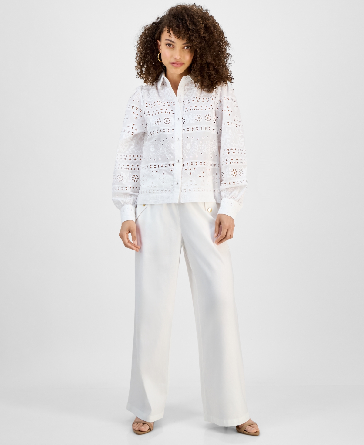 Inc International Concepts Petite Cotton Eyelet Button-front Top, Exclusively At Macy's