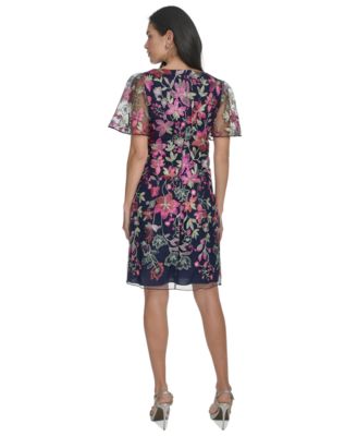 Women's Short-Flared-Sleeve Sheer-Detail Sheath Dress