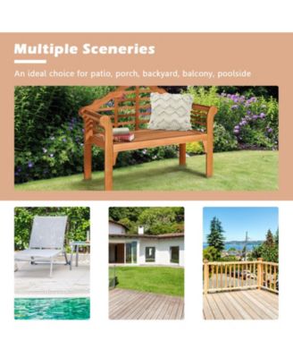 49 Inch Eucalyptus Wood Outdoor Folding Bench with Backrest Armrest for Patio Garden