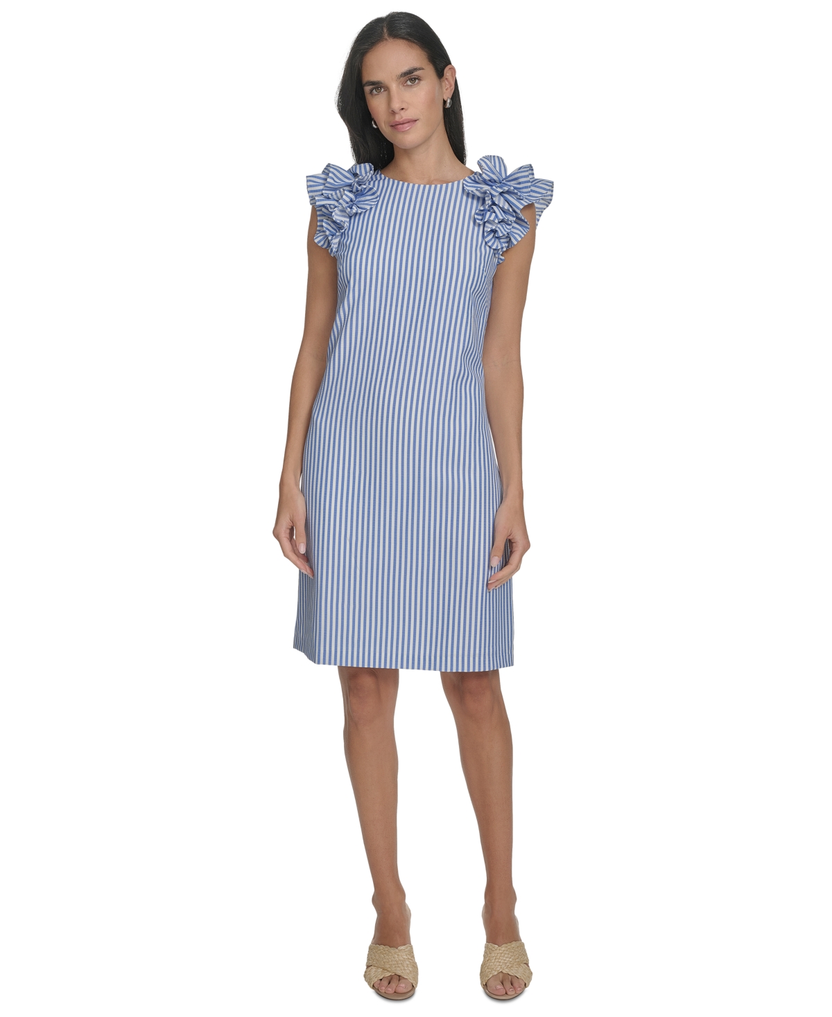 Women's Ruffled Sleeveless Crewneck Sheath Dress - Blue Ivory