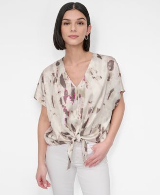 DKNY - Women's V-Neck Tie-Front Scarf Twill Top