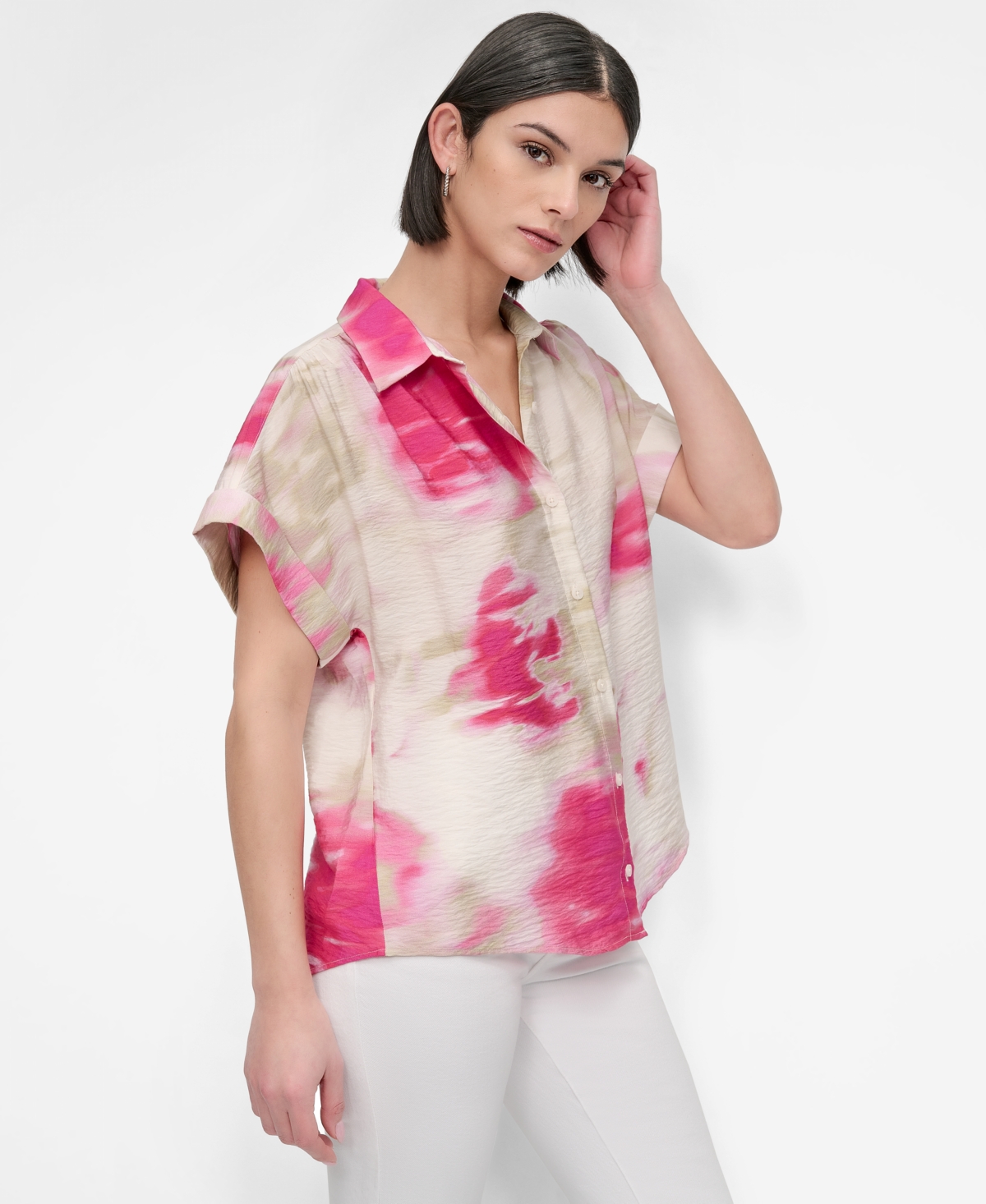Dkny Abstract Print Textured Short Sleeve Button-up Shirt In Pink