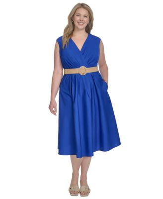 Jessica Howard - Plus Size Belted Sleeveless V-Neck Midi Dress