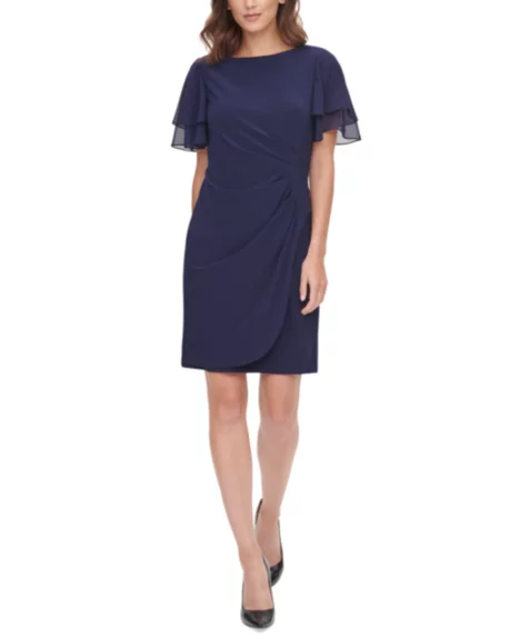 Petite Flutter-sleeve Sheath Knee Length Dress - Navy