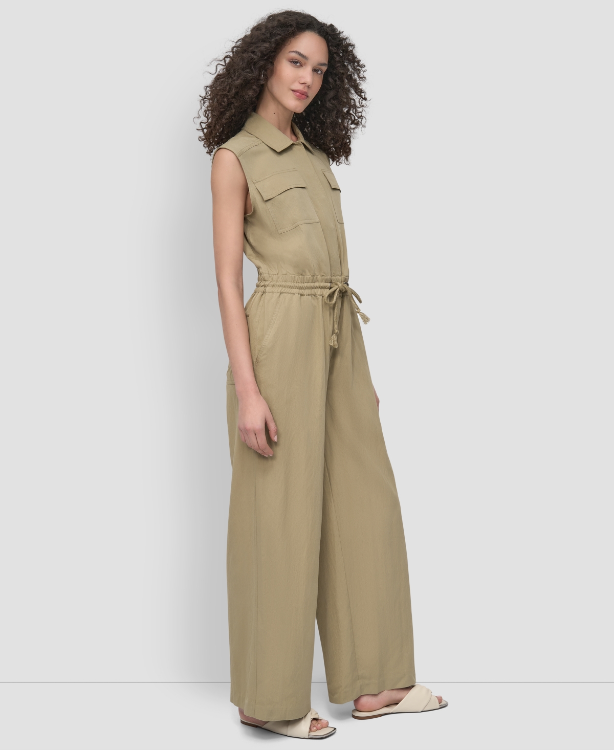 Shop Dkny Women's Twill Button-front Drawstring-waist Jumpsuit