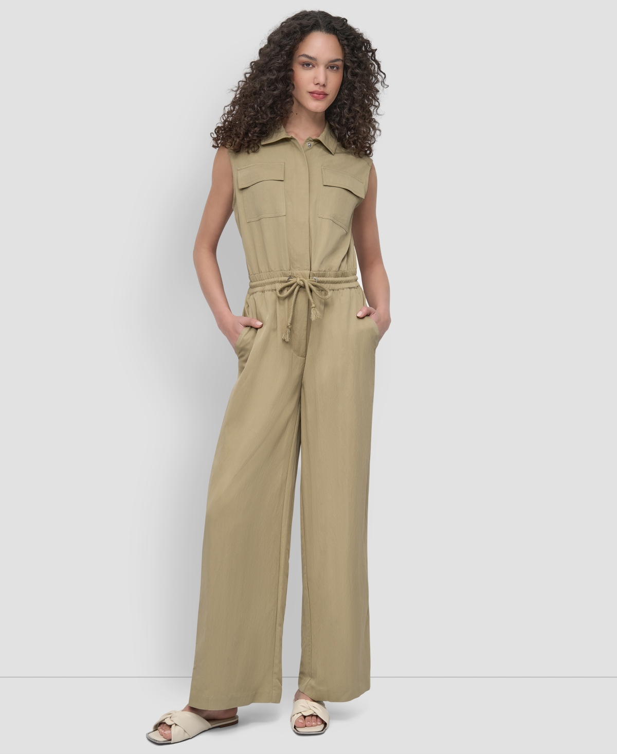 Shop Dkny Women's Twill Button-front Drawstring-waist Jumpsuit