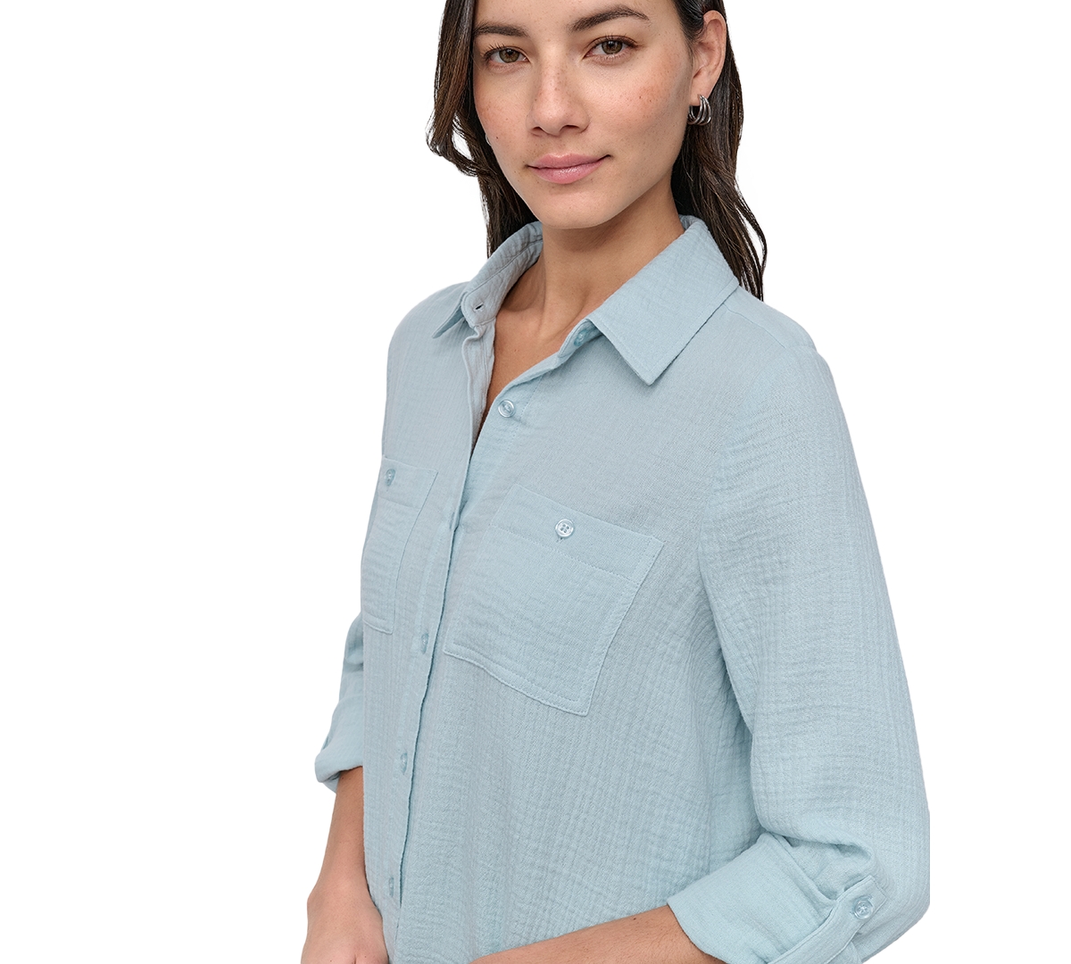 Shop Dkny Jeans Petite Cotton Roll-tab Shirt In Mineral