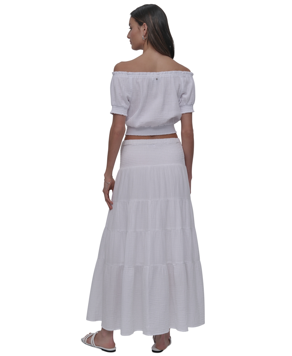 Shop Dkny Jeans Petite Cotton Smocked-waist Tiered Maxi Skirt In White