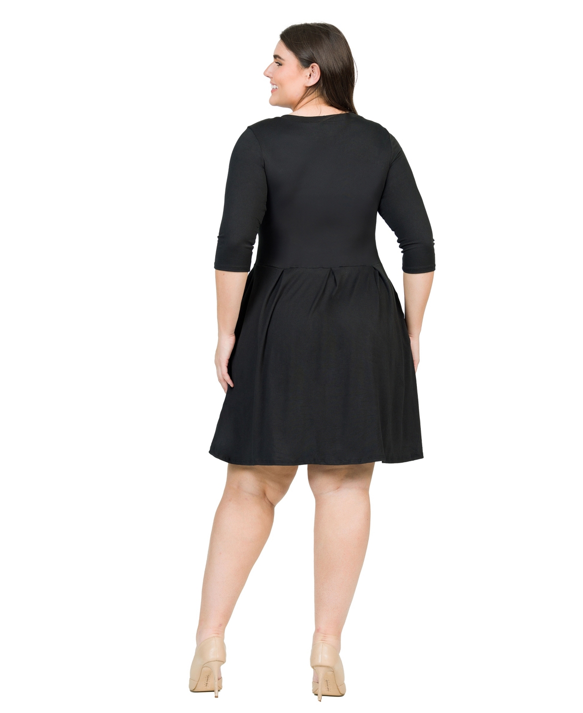 24seven Comfort Apparel Plus Size Fit And Flare Elbow Sleeves Dress In Black