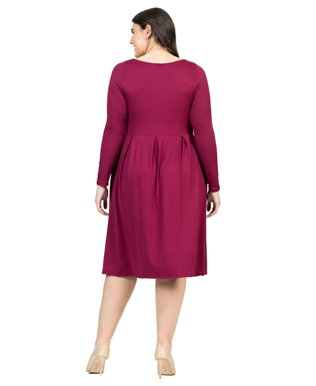 24seven Comfort Apparel Plus Size Long Sleeve Fit And Flare Midi Dress In Wine