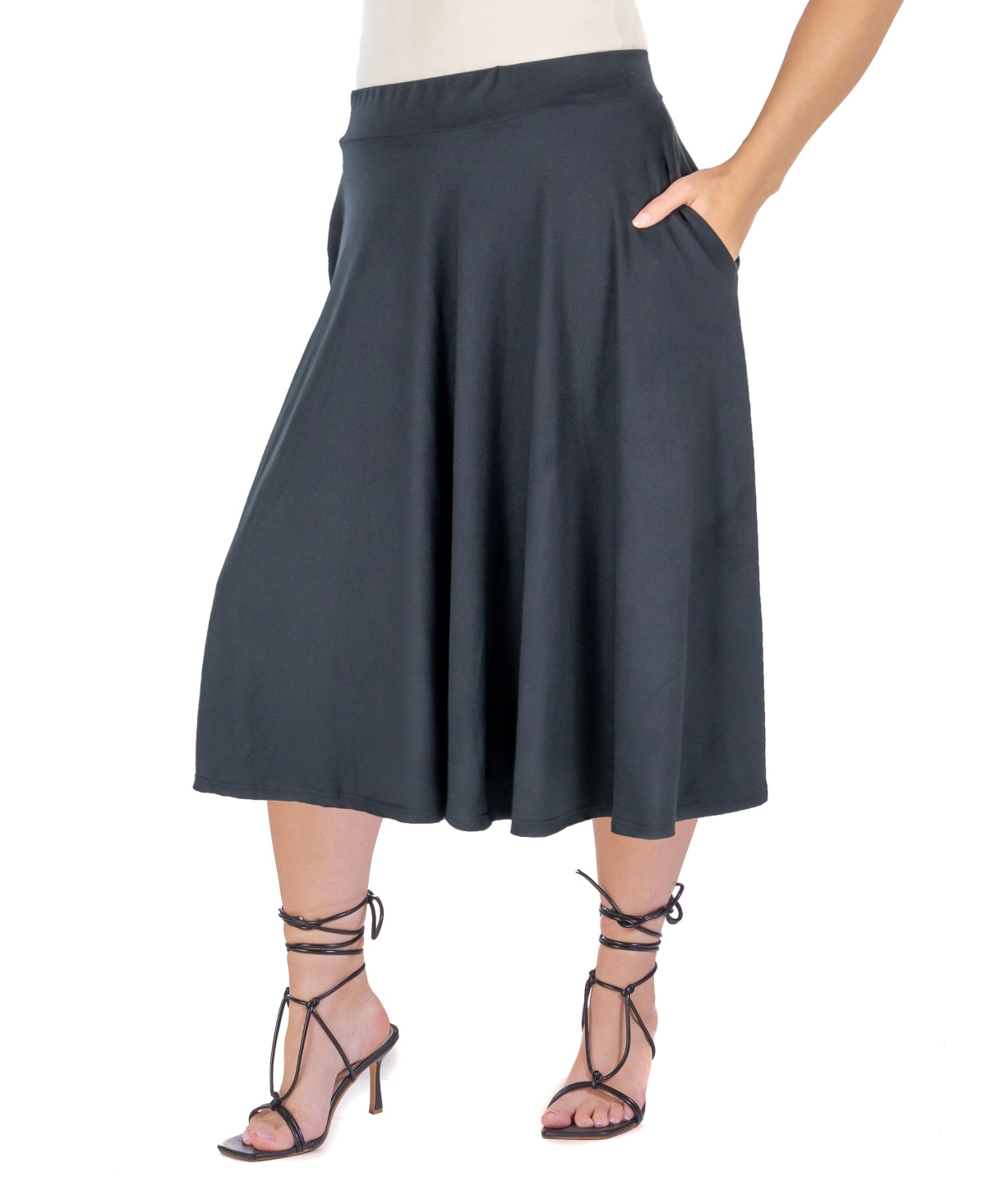 24SEVEN COMFORT APPAREL PLUS SIZE ELASTIC WAIST PLEATED POCKET MIDI SKIRT 