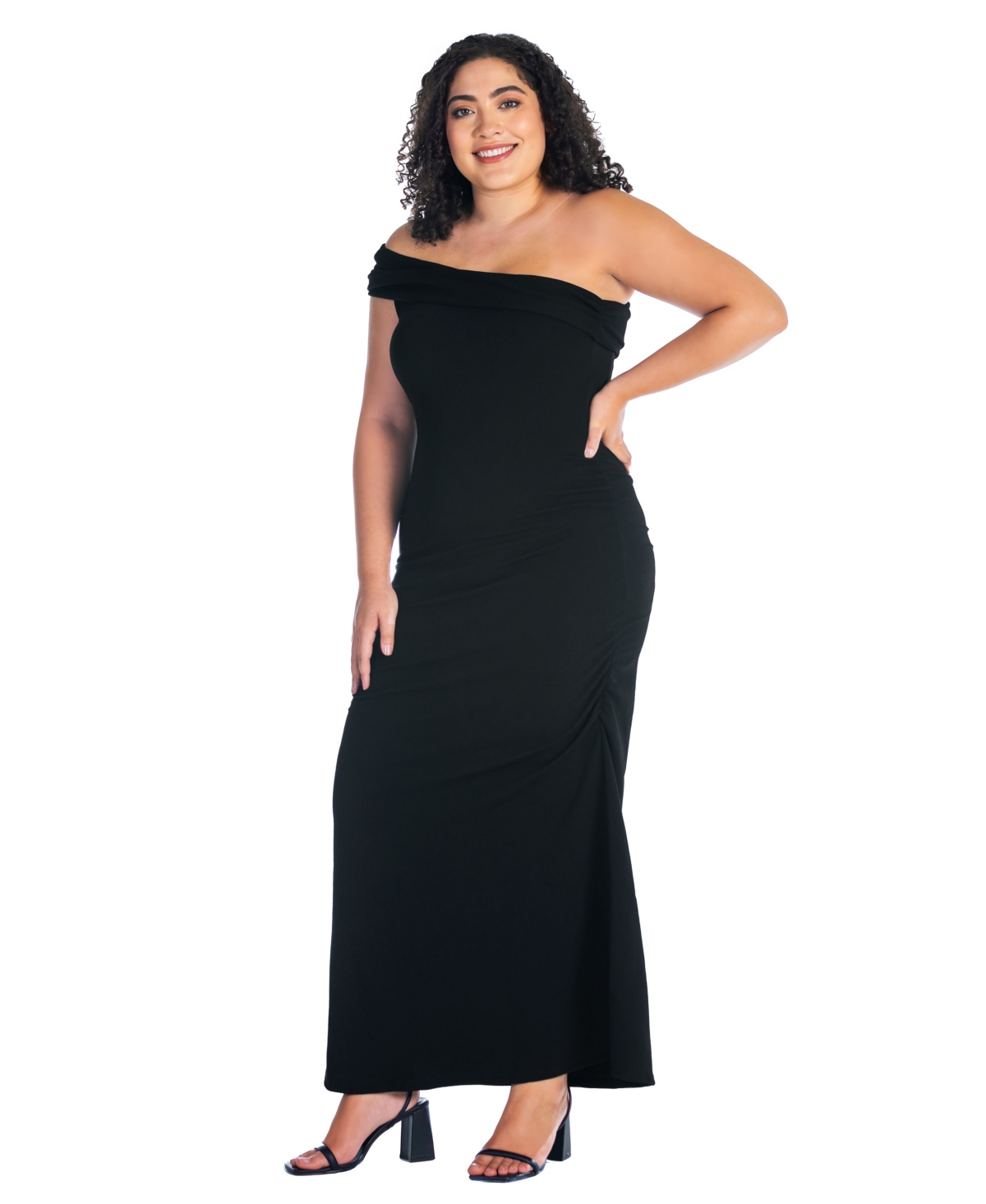 24seven Comfort Apparel Plus Size Formal One Shoulder Rouched Mermaid Maxi Dress In Black