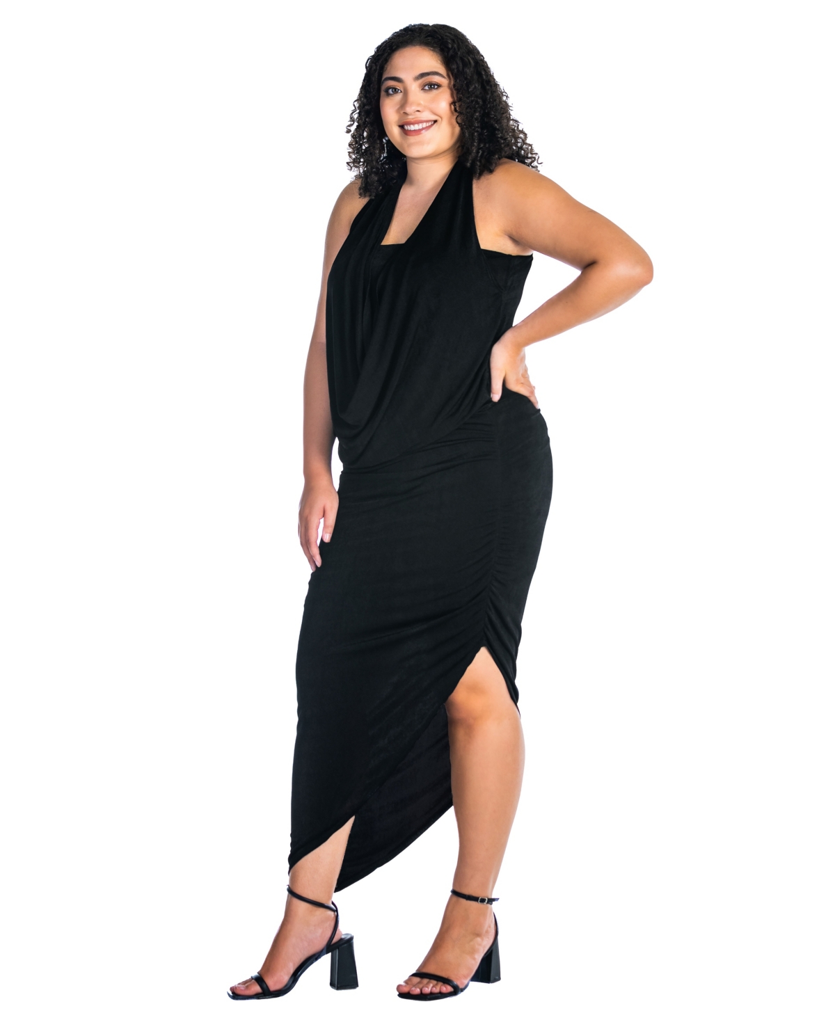 24seven Comfort Apparel Plus Size Cowl Neck Long Asymmetrical Backless Halter Dress In Black