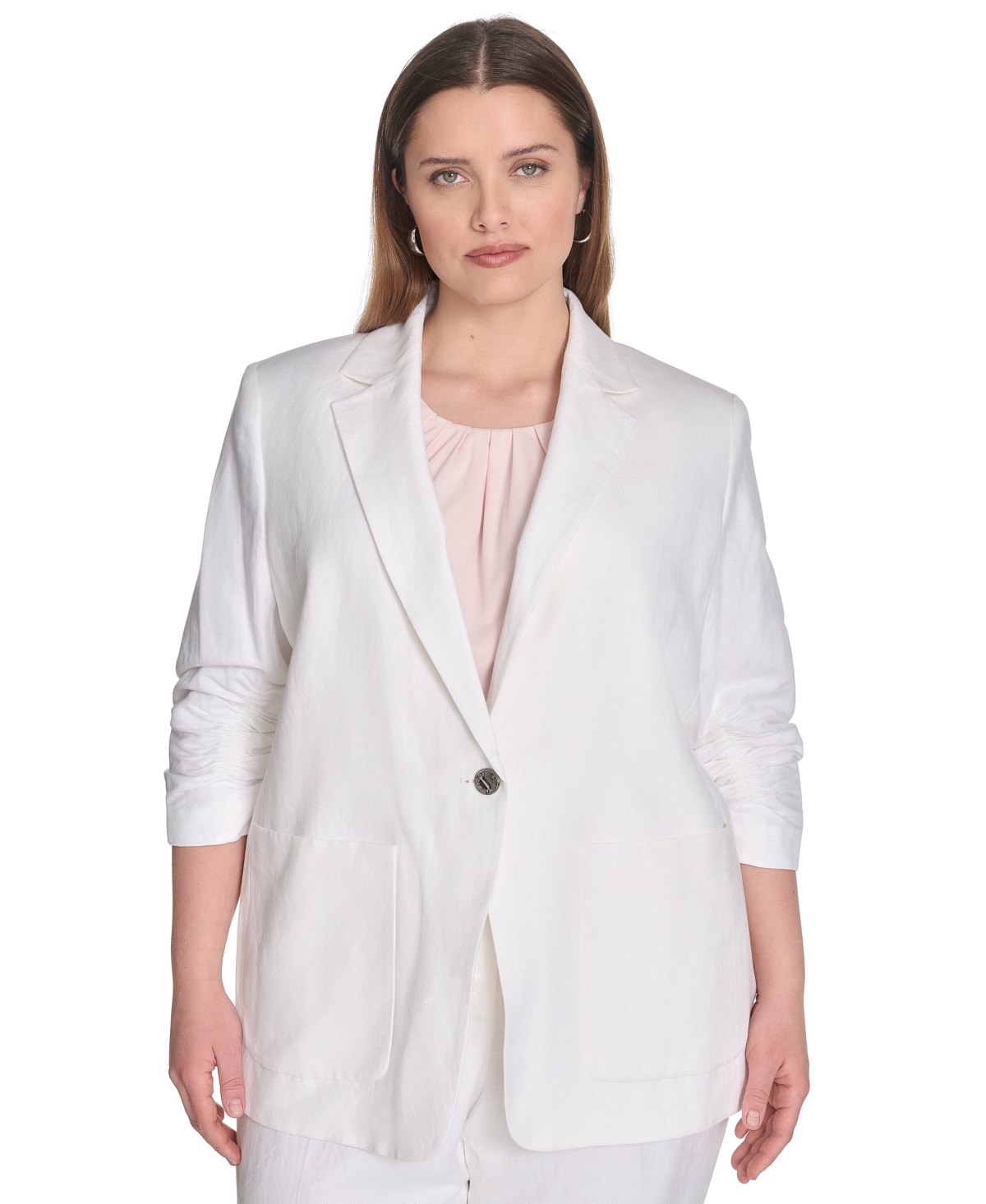 CALVIN KLEIN PLUS SIZE NOTCHED COLLAR RUCHED-SLEEVE BLAZER 