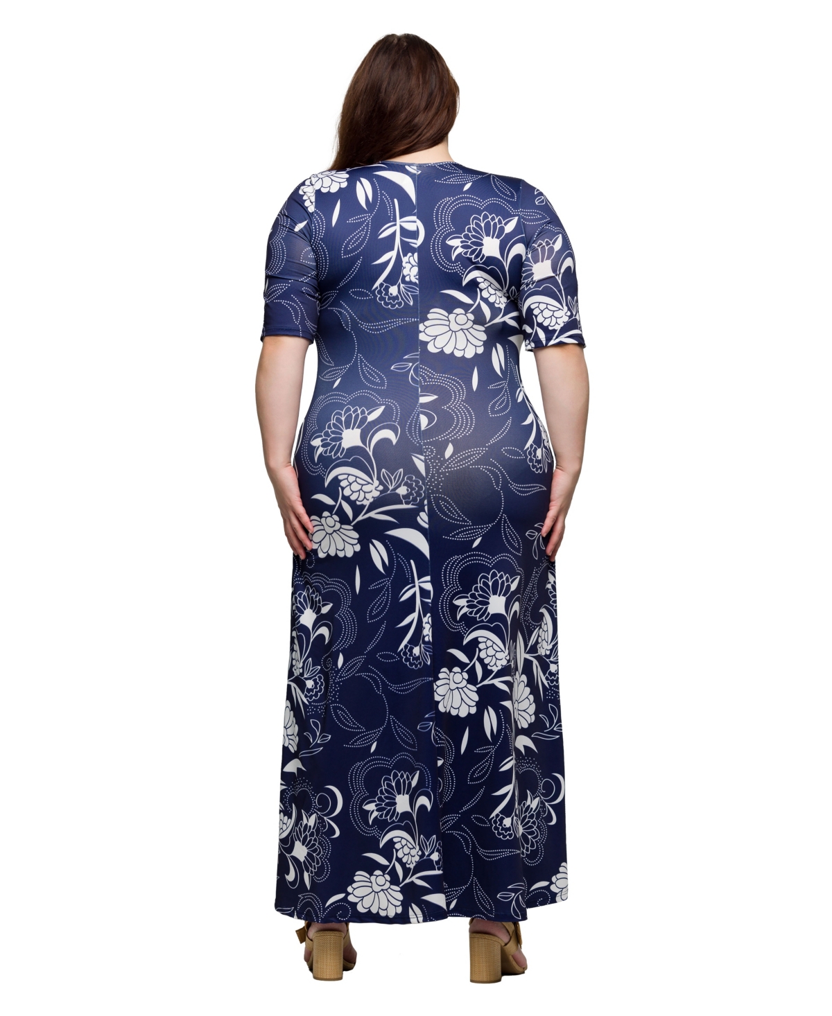 24SEVEN COMFORT APPAREL PLUS SIZE PRINT ELBOW SLEEVE CASUAL A-LINE MAXI DRESS 