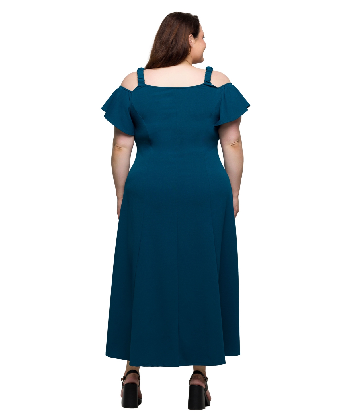 24seven Comfort Apparel Plus Size Cold Shoulder Ruffle Sleeve A-line Maxi Dress
