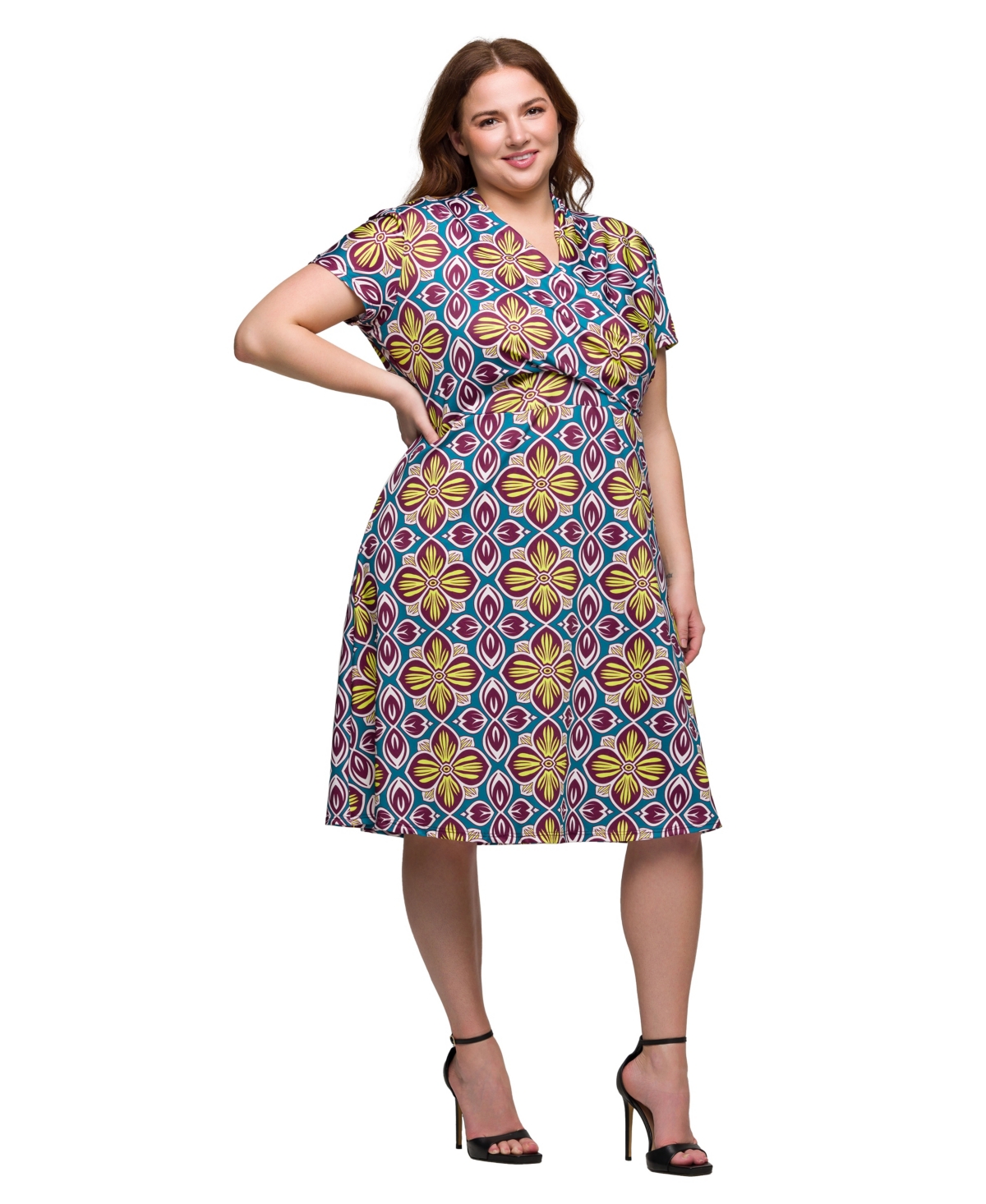 24seven Comfort Apparel Plus Size Print Short Sleeve Knee Length V-neck Wrap Dress In Yellow Multi