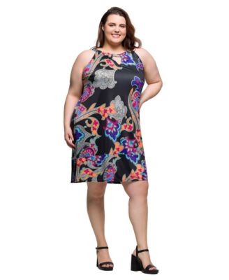 Plus Size Knee Length Print Sleeveless Keyhole Dress