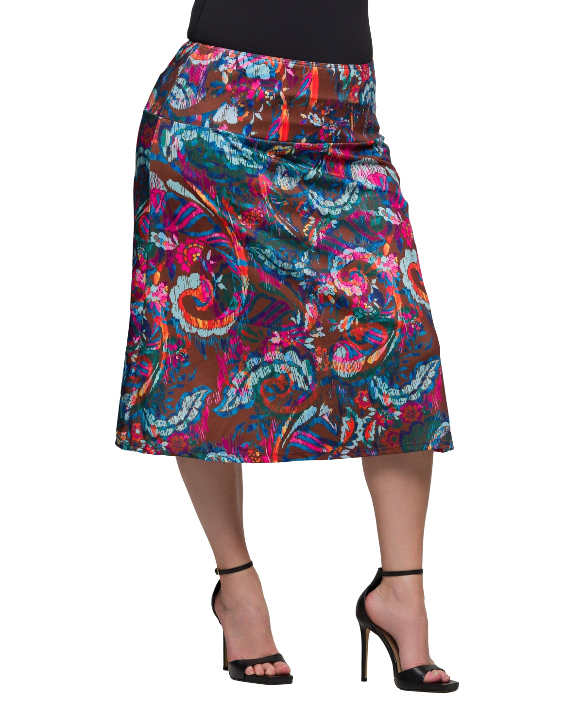 24seven Comfort Apparel Plus Size Print Comfortable Elastic Waist Knee Length Skirt In Brown Multi