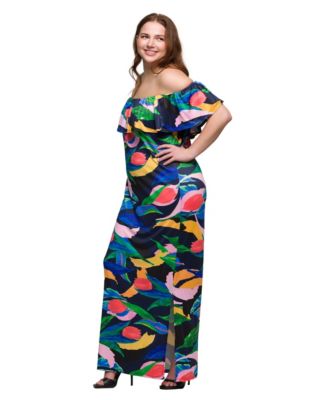 Plus Size Off Shoulder Print Side Slit Maxi Dress