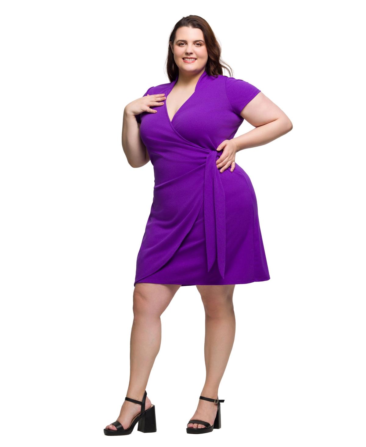 24seven Comfort Apparel Plus Size Mandarin Collar Knee Length Wrap Dress In Purple