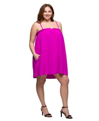 Plus Size Square Neck Spaghetti Strap Smocked Pocket Mini Dress