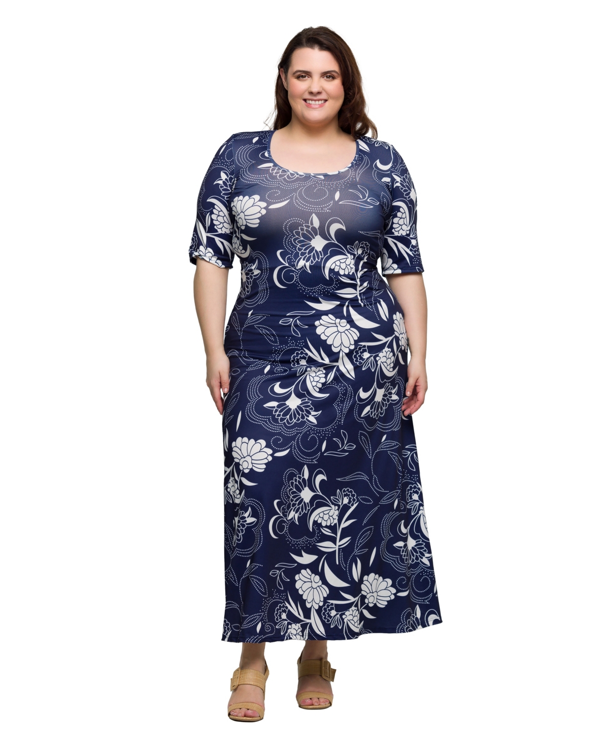 24SEVEN COMFORT APPAREL PLUS SIZE PRINT ELBOW SLEEVE CASUAL A-LINE MAXI DRESS 