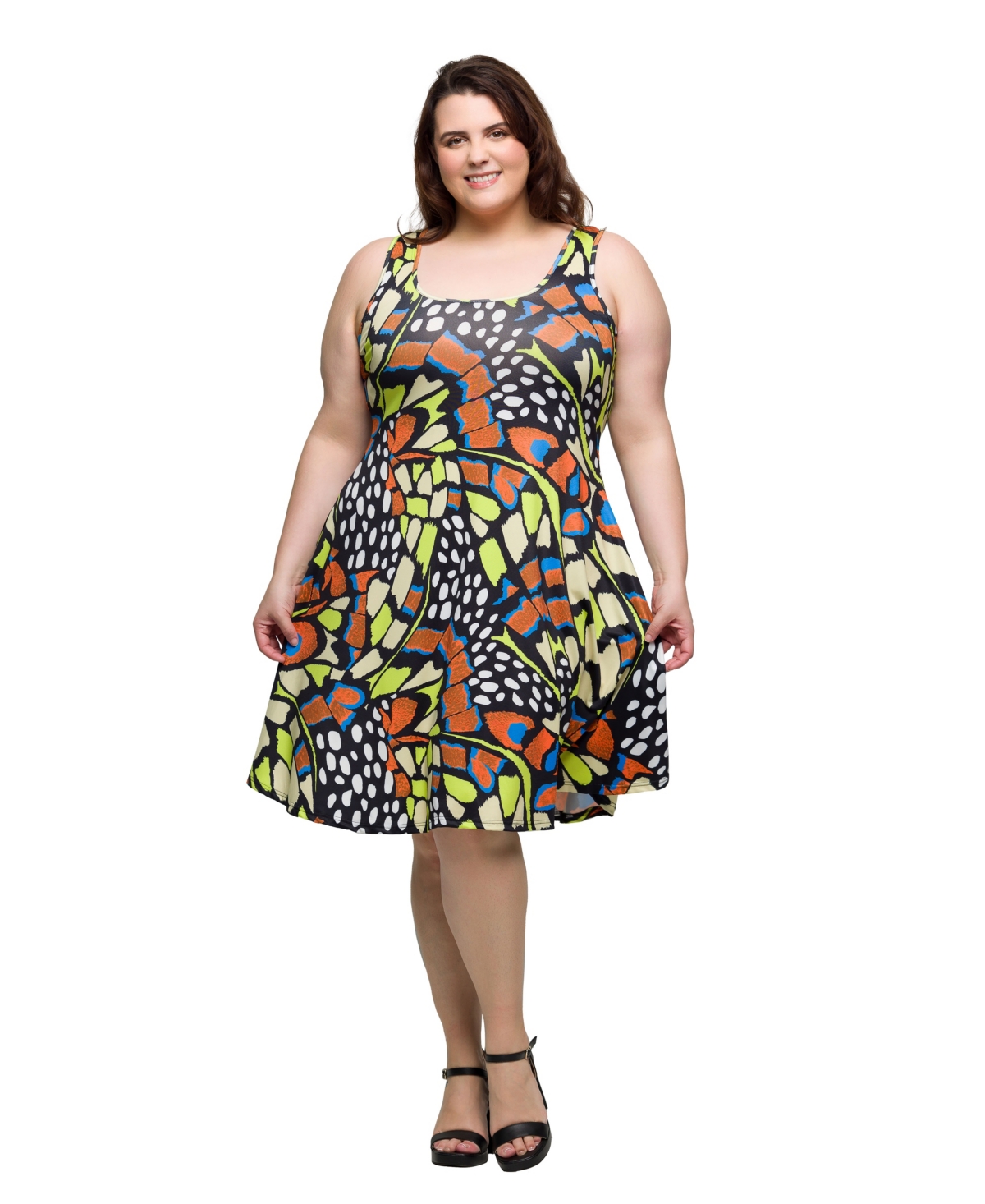 Plus Size Print Sleeveless Knee Length Tank Swing Dress - Orange Multi