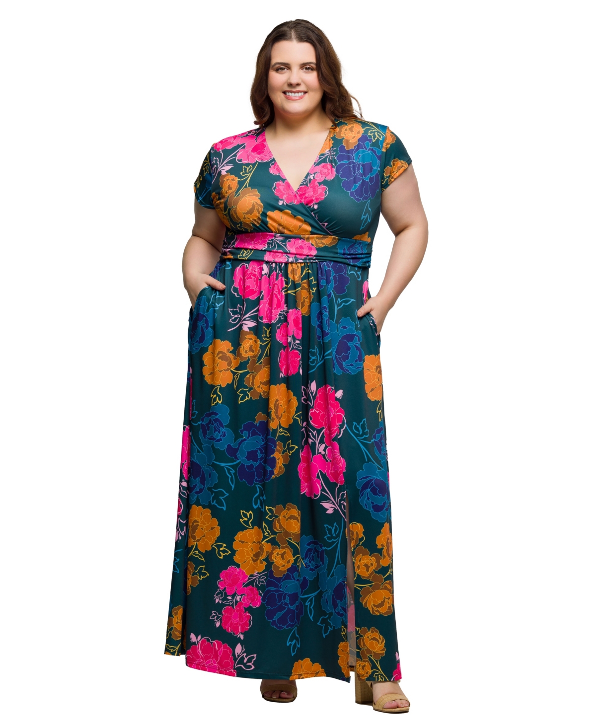 Plus Size Cap Sleeve V-Neck Side Slit Pocket Maxi Dress - Green Multi
