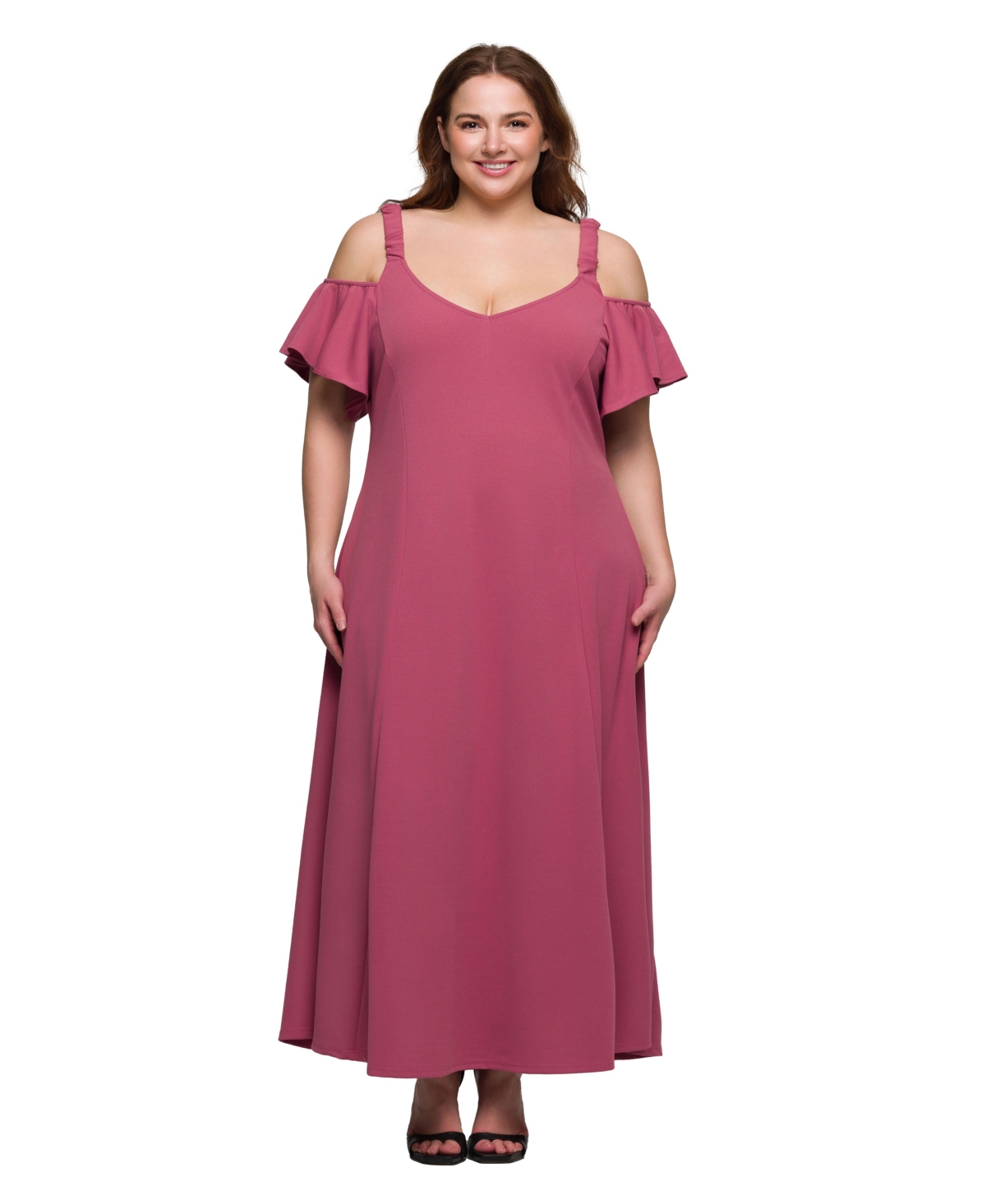 24SEVEN COMFORT APPAREL PLUS SIZE COLD SHOULDER RUFFLE SLEEVE A-LINE MAXI DRESS 