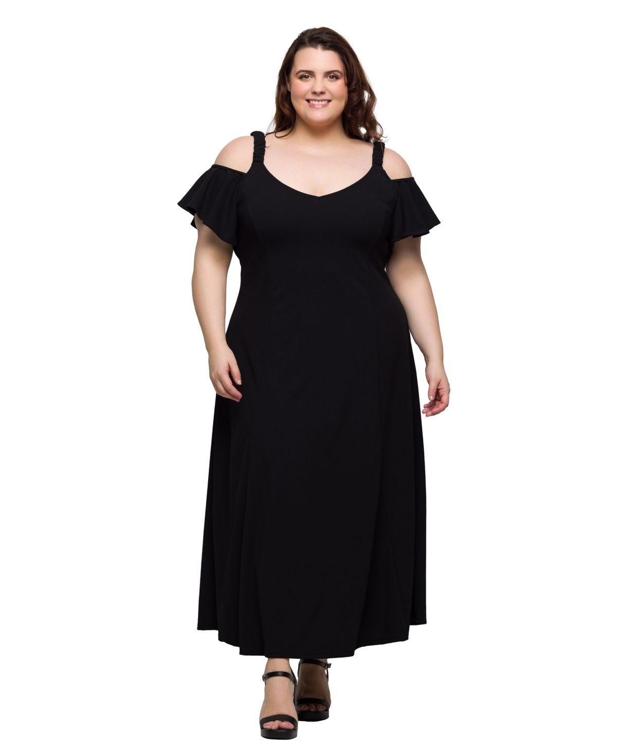 24SEVEN COMFORT APPAREL PLUS SIZE COLD SHOULDER RUFFLE SLEEVE A-LINE MAXI DRESS 