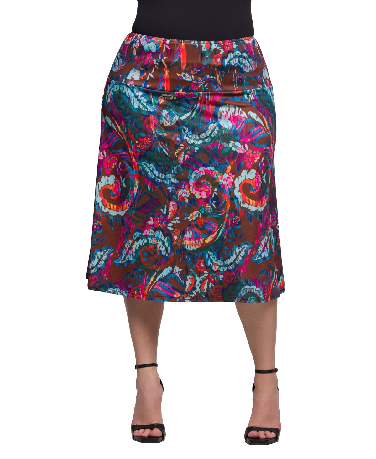24seven Comfort Apparel Plus Size Print Comfortable Elastic Waist Knee Length Skirt In Brown Multi