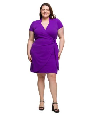 Plus Size Mandarin Collar Knee Length Wrap Dress