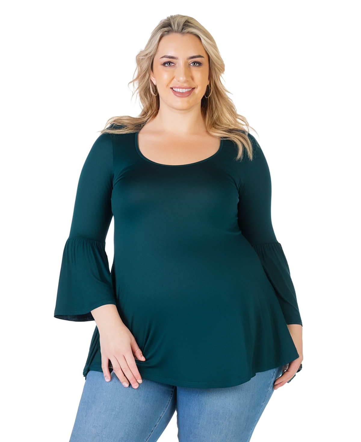 24SEVEN COMFORT APPAREL PLUS SIZE LONG BELL SLEEVE FLARED TUNIC TOP 