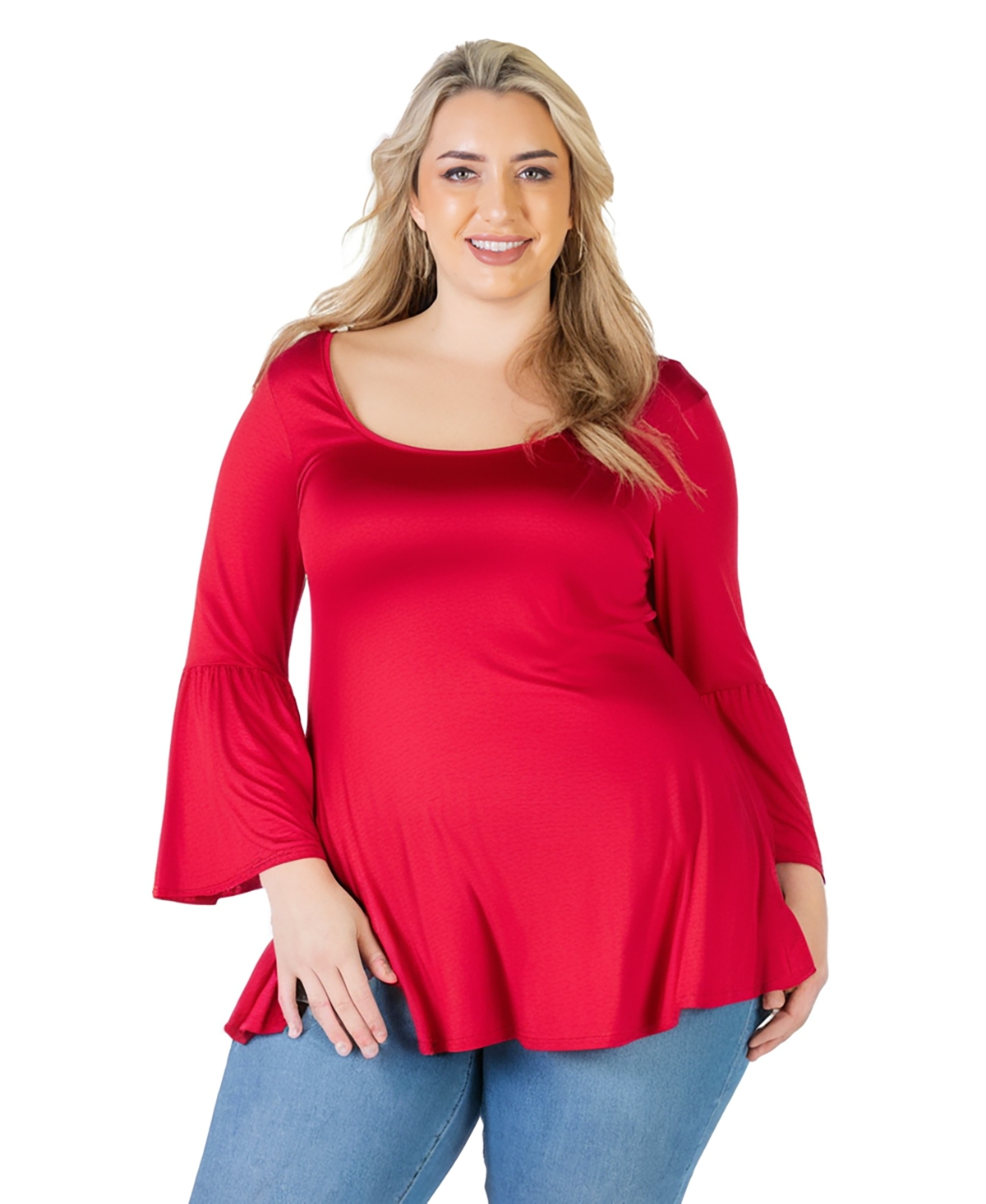 24SEVEN COMFORT APPAREL PLUS SIZE LONG BELL SLEEVE FLARED TUNIC TOP 