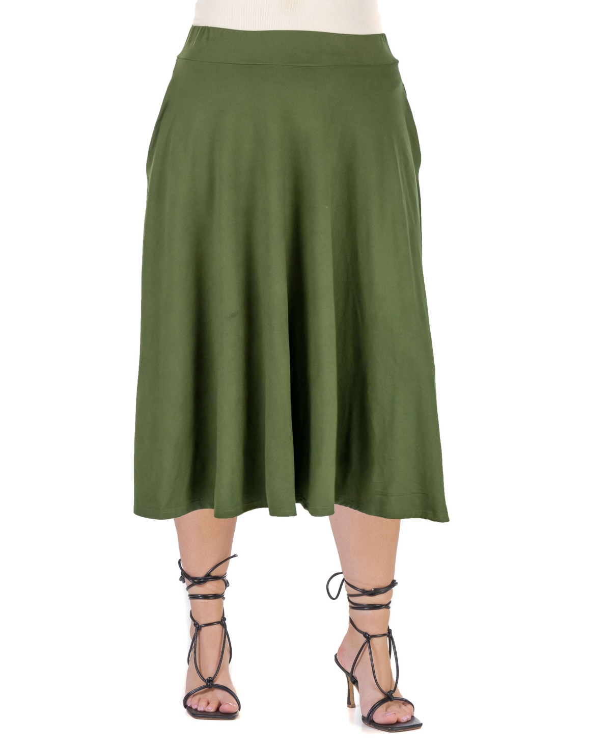 24seven Comfort Apparel Plus Size Elastic Waist Pleated Pocket Midi Skirt In Olive
