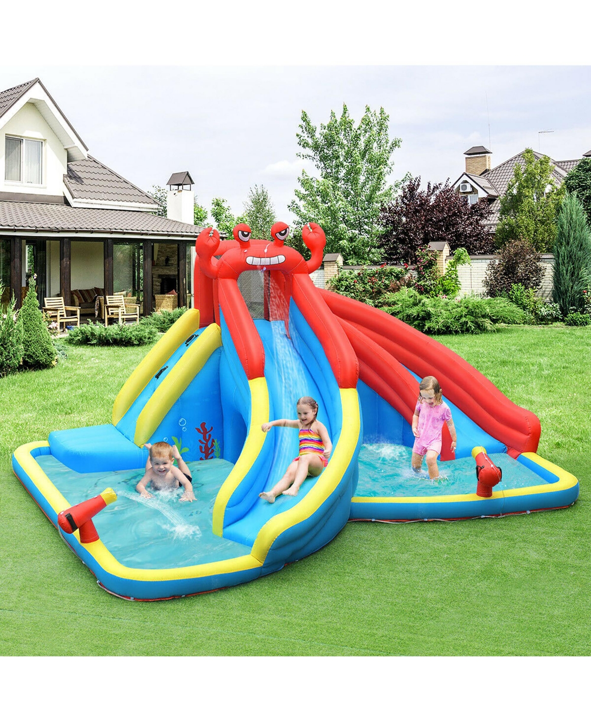Inflatable Water Slide Crab Dual Slide Bounce House Splash Pool with 950W Blower