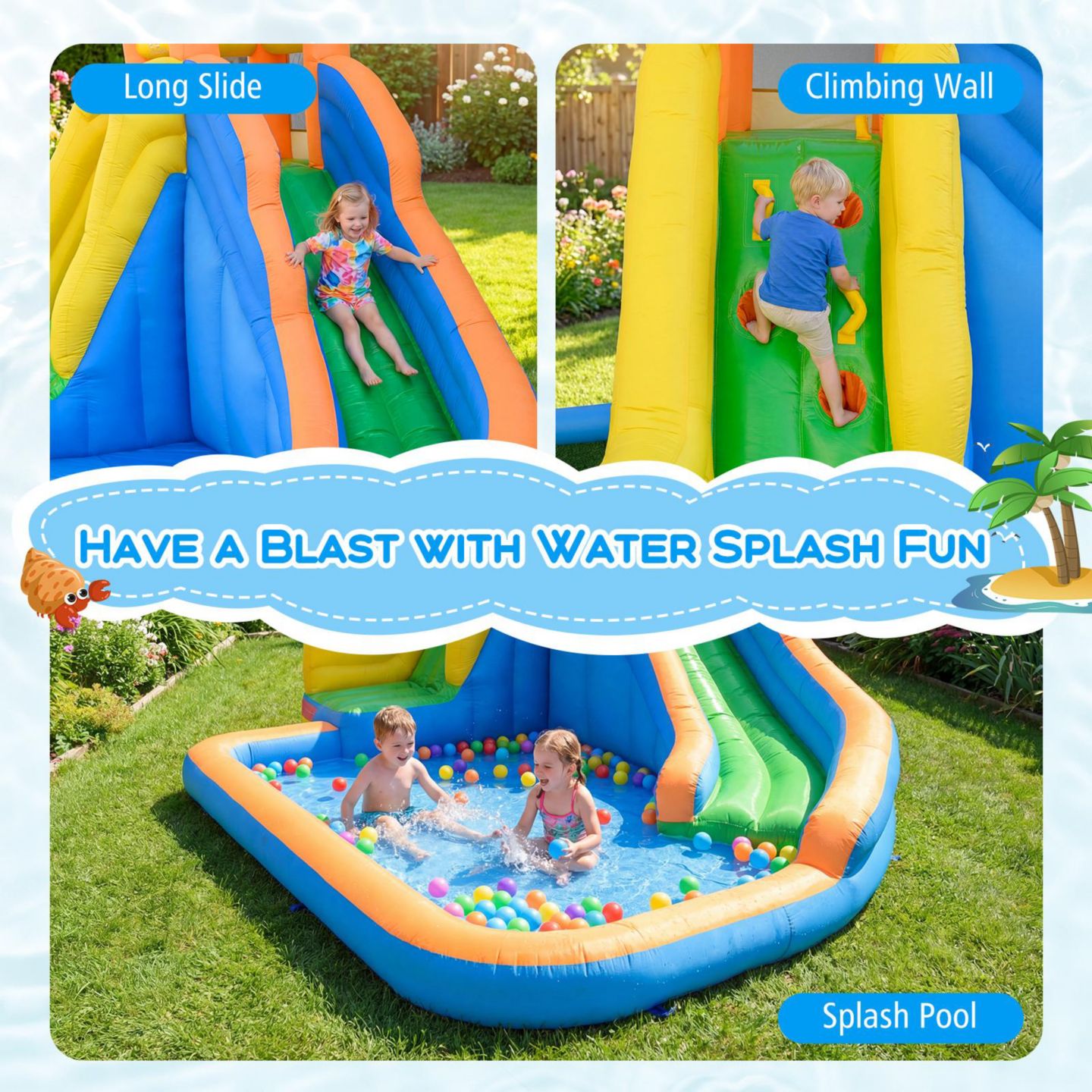 Детская игрушка Costway Mighty Inflatable Water Slide Splash Pool Bounce House, Ages 3+, цвет: Синий — фото 4