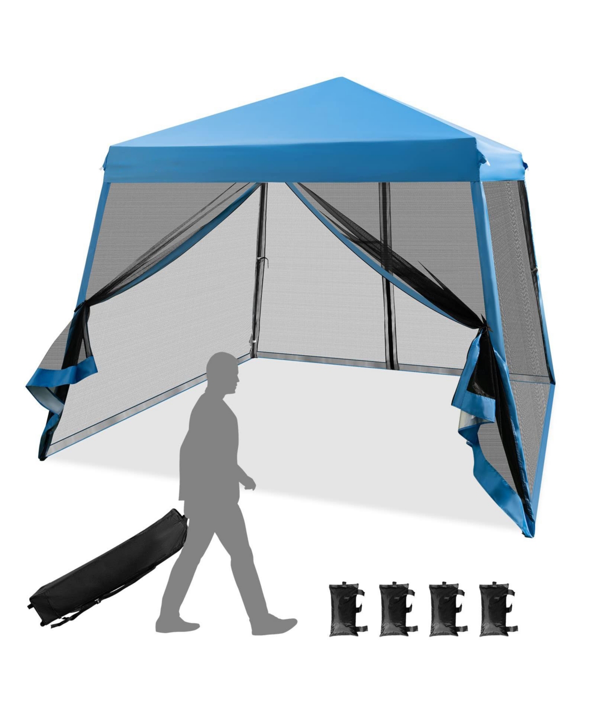 10 x 10 Feet Pop Up Canopy with Mesh Sidewalls and Roller Bag - Blue