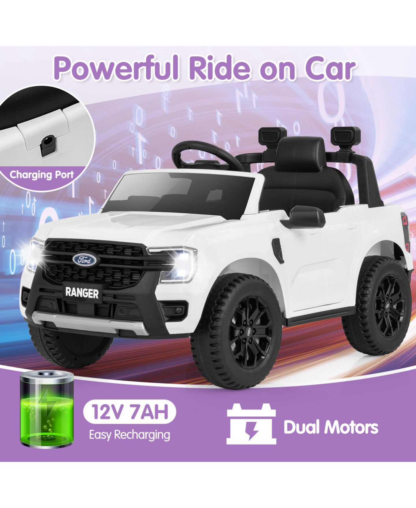Детская игрушка HONGGE Ford Ranger 12V Remote Control Ride-On Car with Bluetooth Music, Ages 3+, цвет: Белый — фото 6