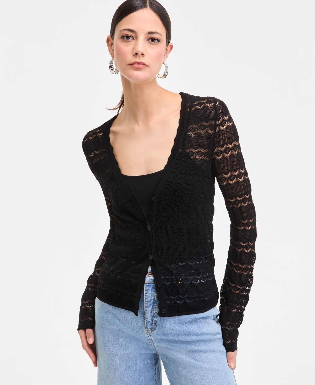 Women's Pointelle Cardigan Sweater, Exclusively at Macy's - Deep Black