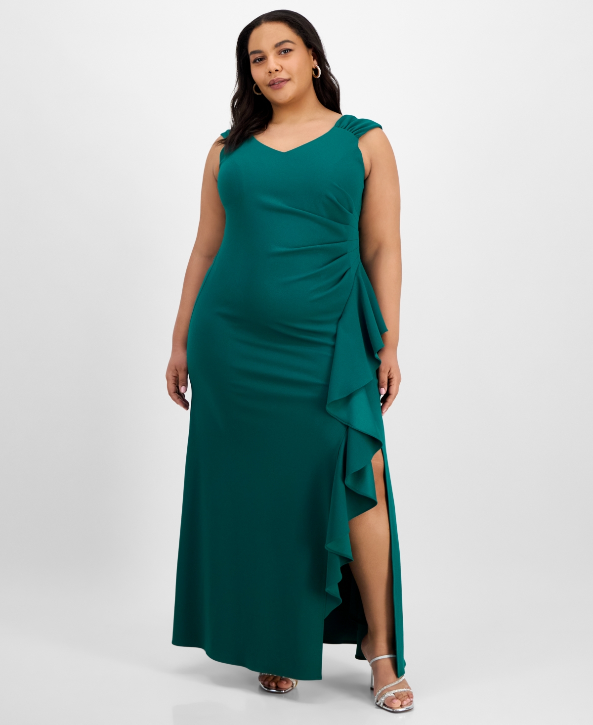 Plus Size Ruched Ruffled Gown - Jade