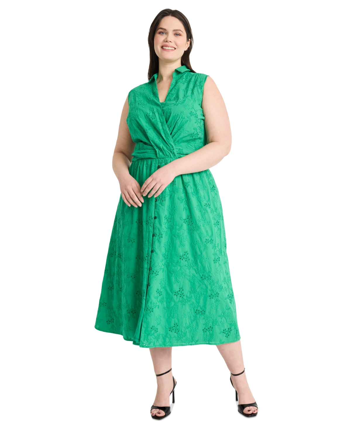 Plus Size Eyelet Sleeveless Surplice Midi Dress - Jelly Bean