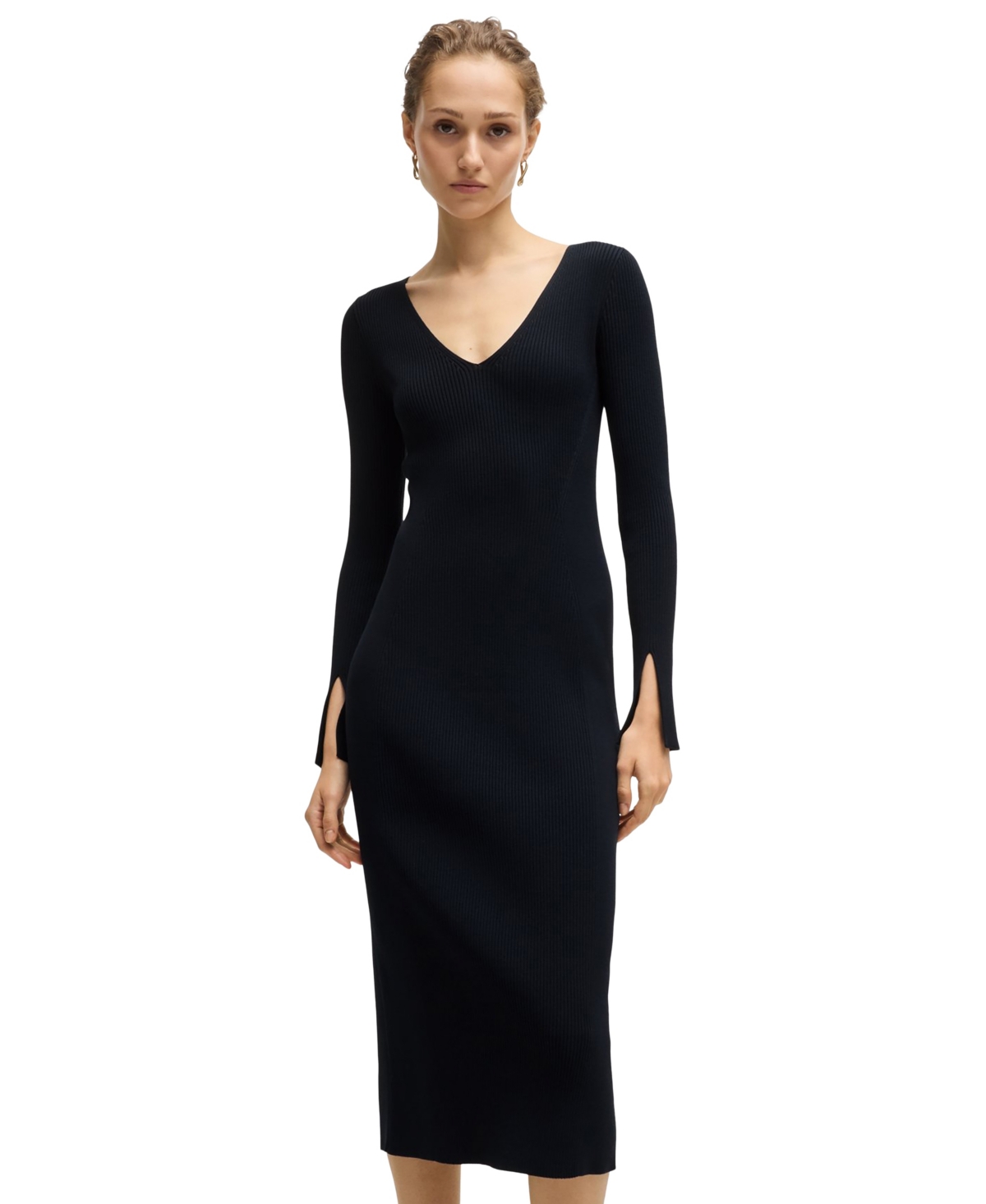 Boss by Hugo Boss Women's Ribbed-Knit V-Neck Dress - Dark Blue