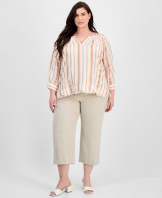 Plus Size Striped Top Wide Leg Pull On Pants