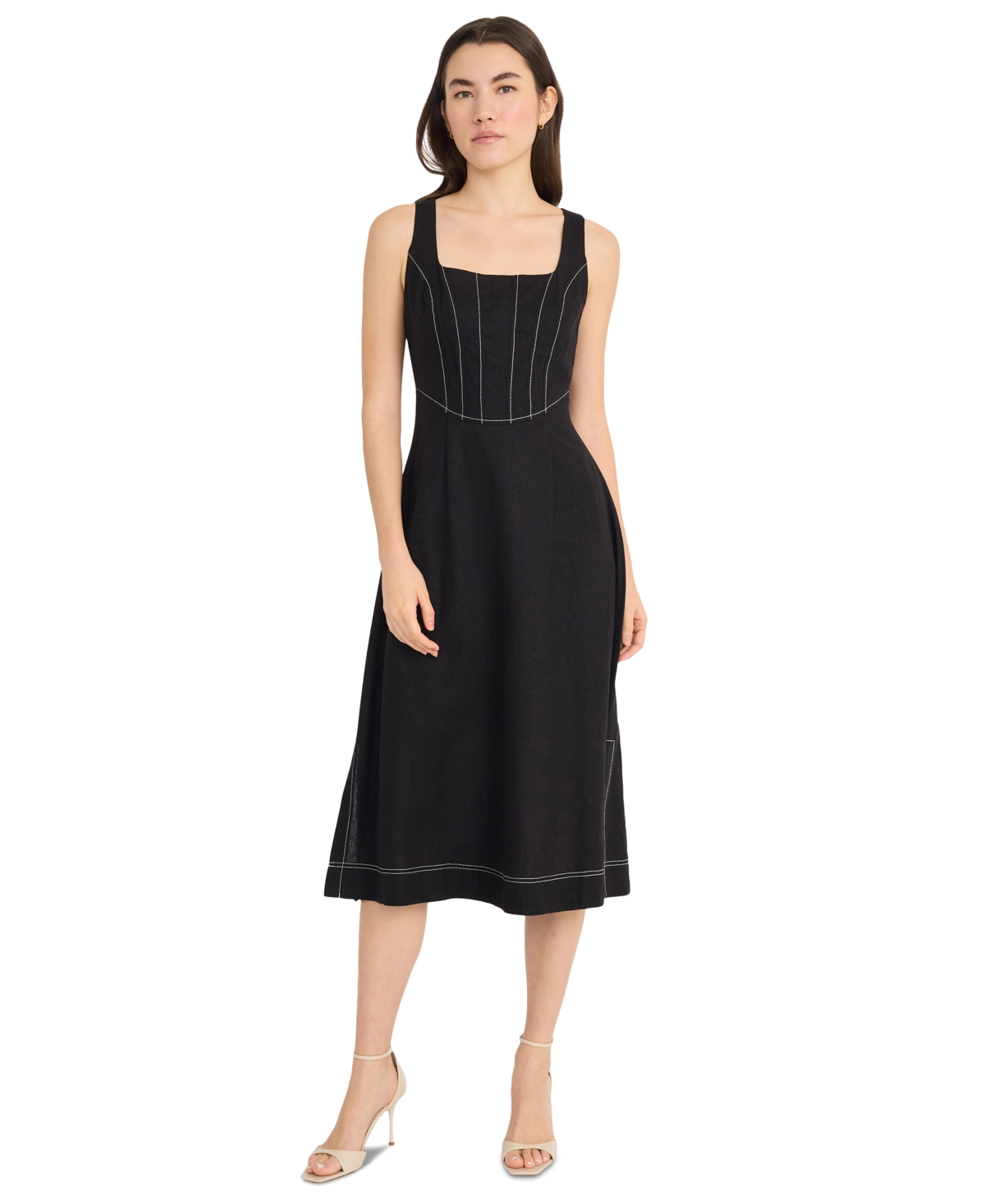 Donna Morgan Contrast Topstitch Sleeveless Linen Blend Midi Dress In Black